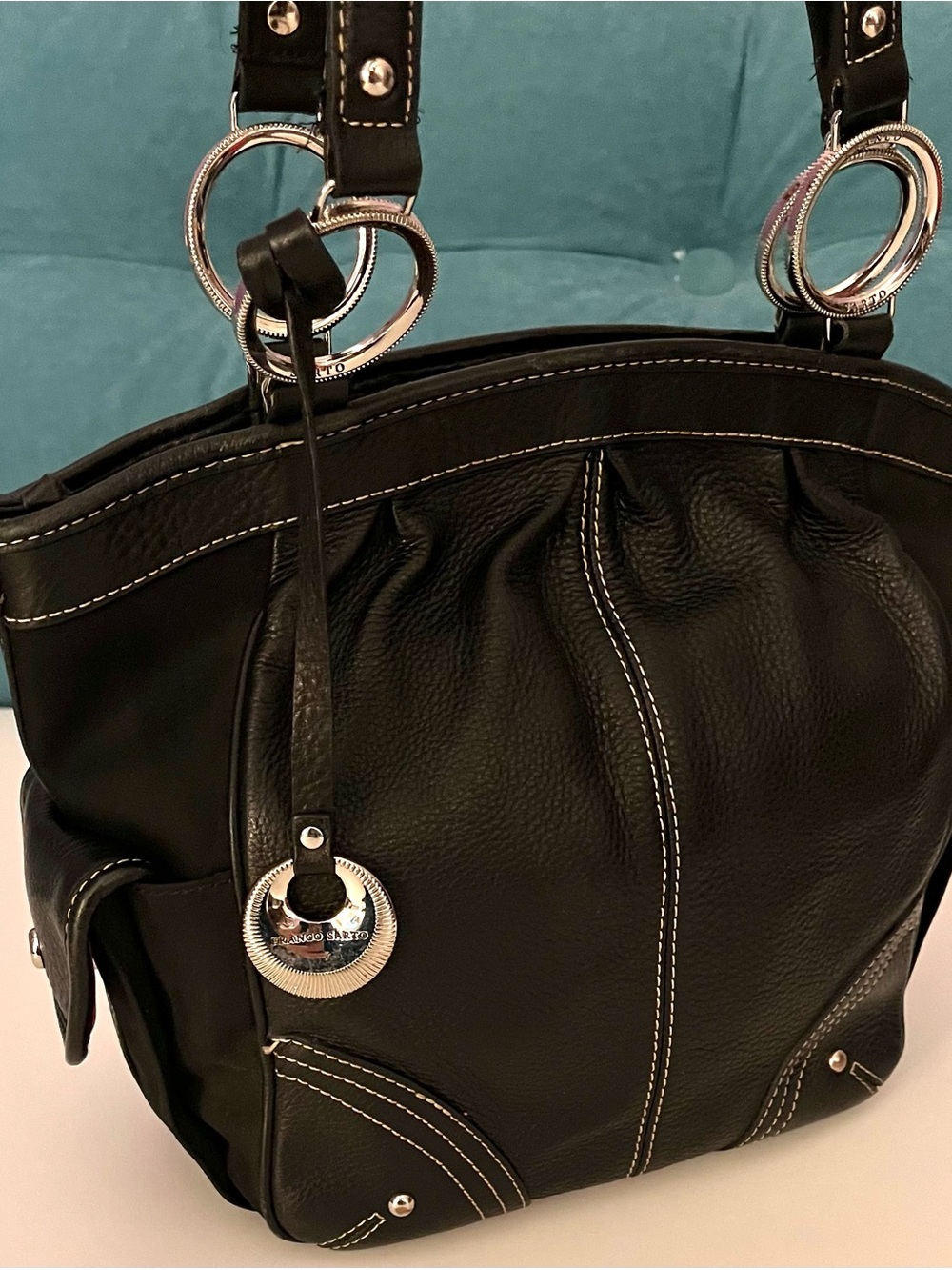 Franco Sarto Black Mixed Leather Nylon Silver Ring Shoulder Bag
